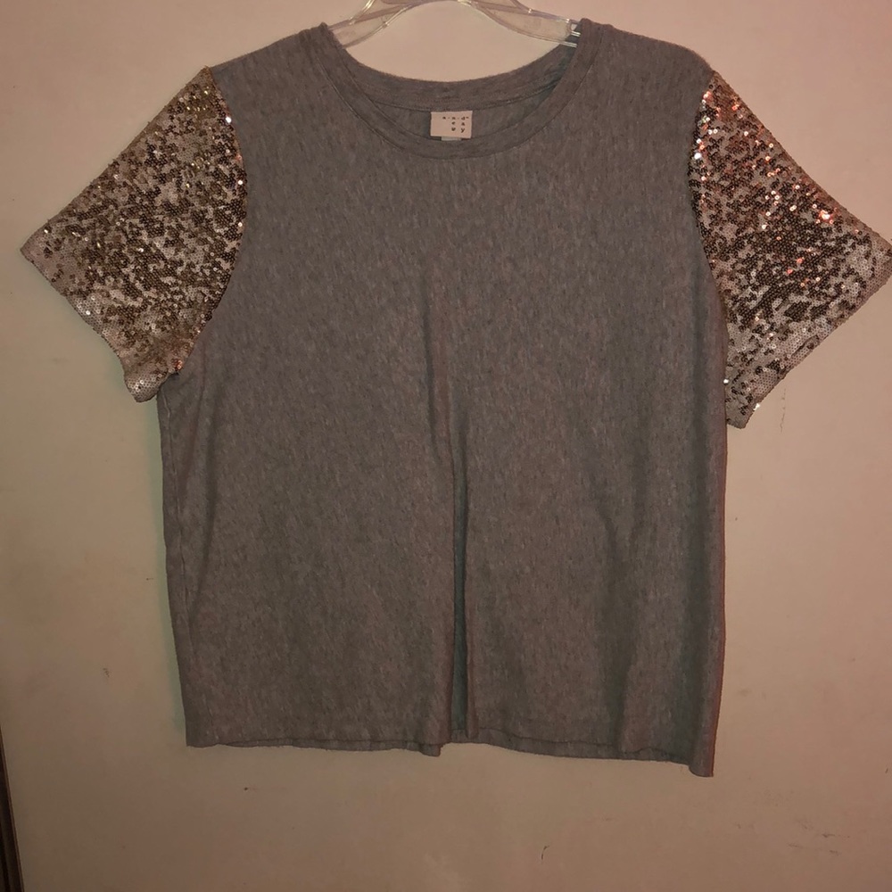 Gray top with gold sequenced sleeves